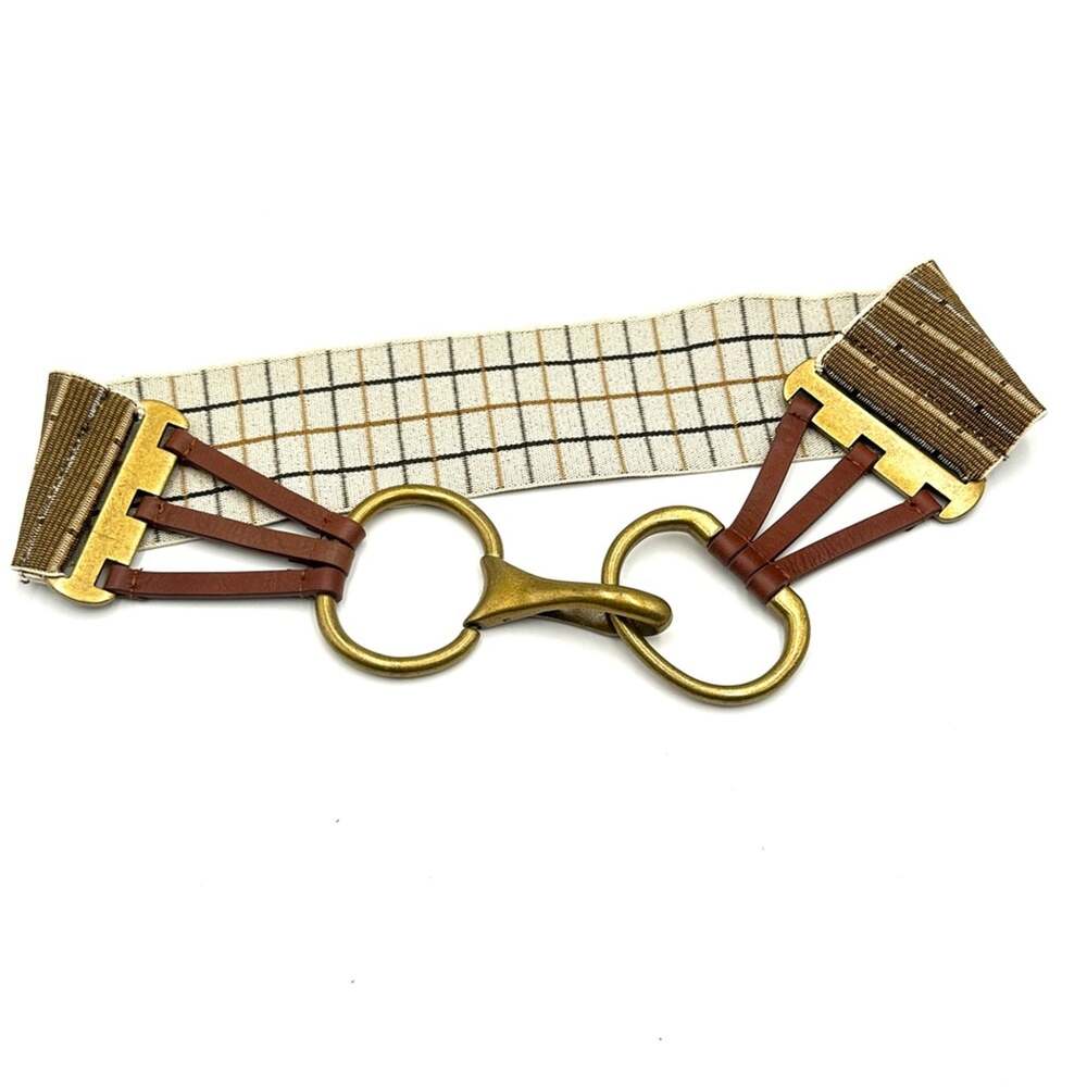 VINTAGE leather & elastic belt women's brass buckle/hook - SIZE SMALL